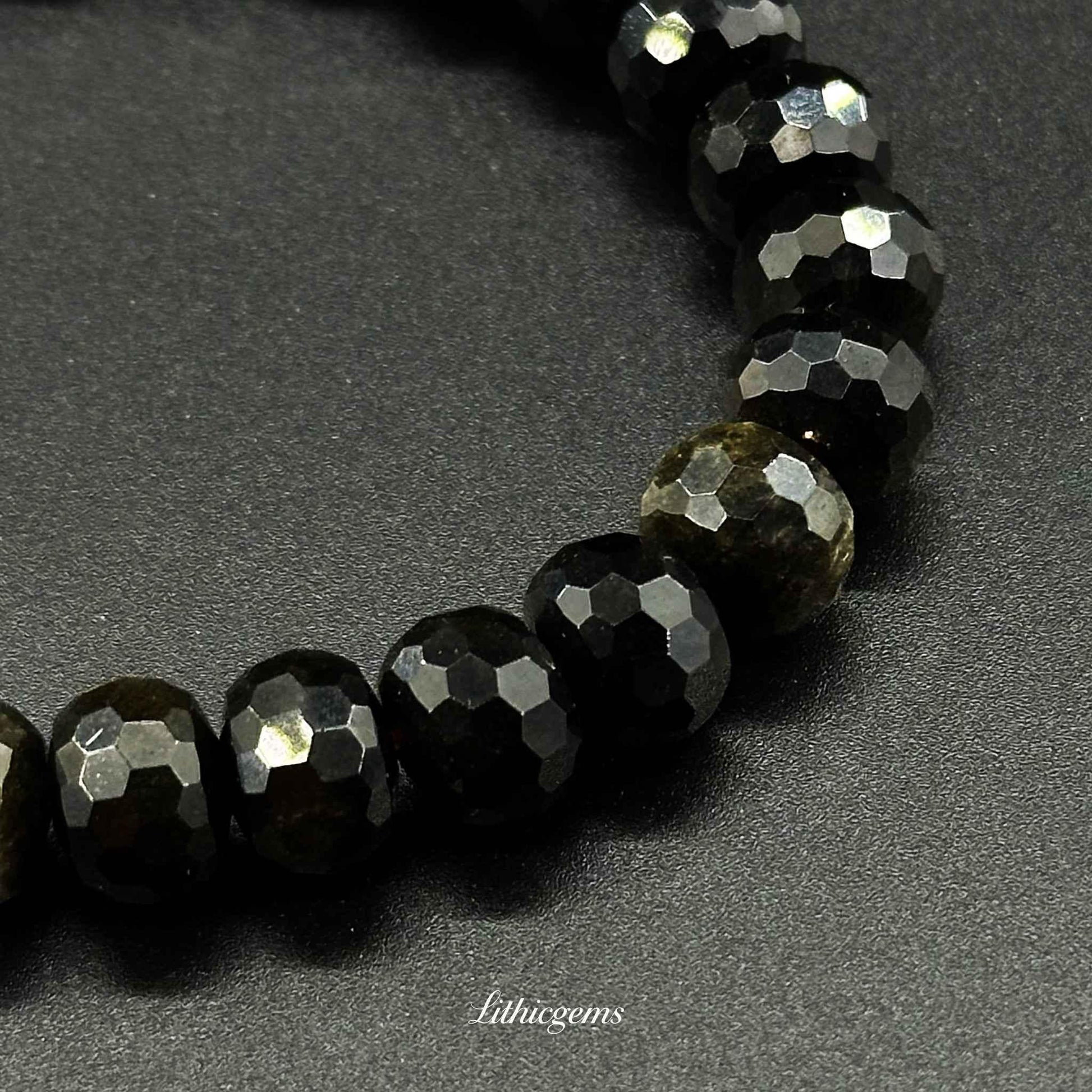 Faceted Gold Sheen Obsidian Bracelet - Wheel Beads for Wealth & Powerful Shielding - Lithicgems