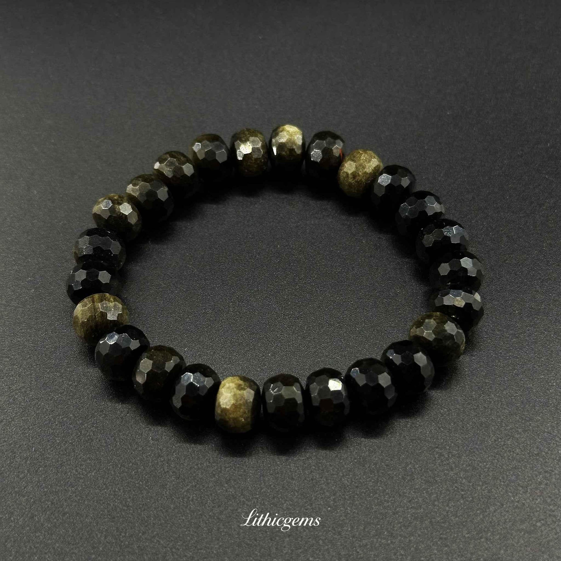 Faceted Gold Sheen Obsidian Bracelet - Wheel Beads for Wealth & Powerful Shielding - Lithicgems
