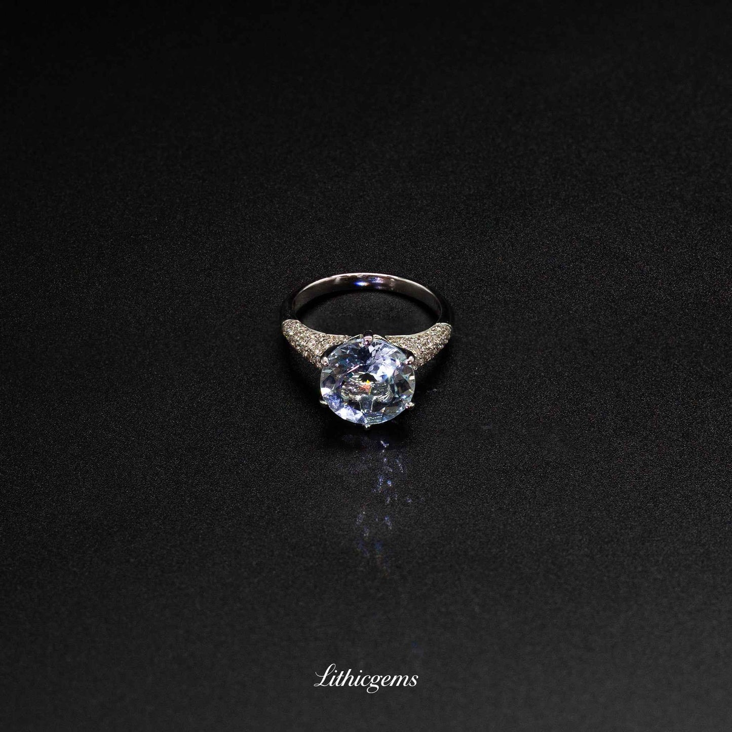 18K Gold Round Aquamarine & Diamond Ring with Lab Report - Certified March Birthstone - Lithicgems