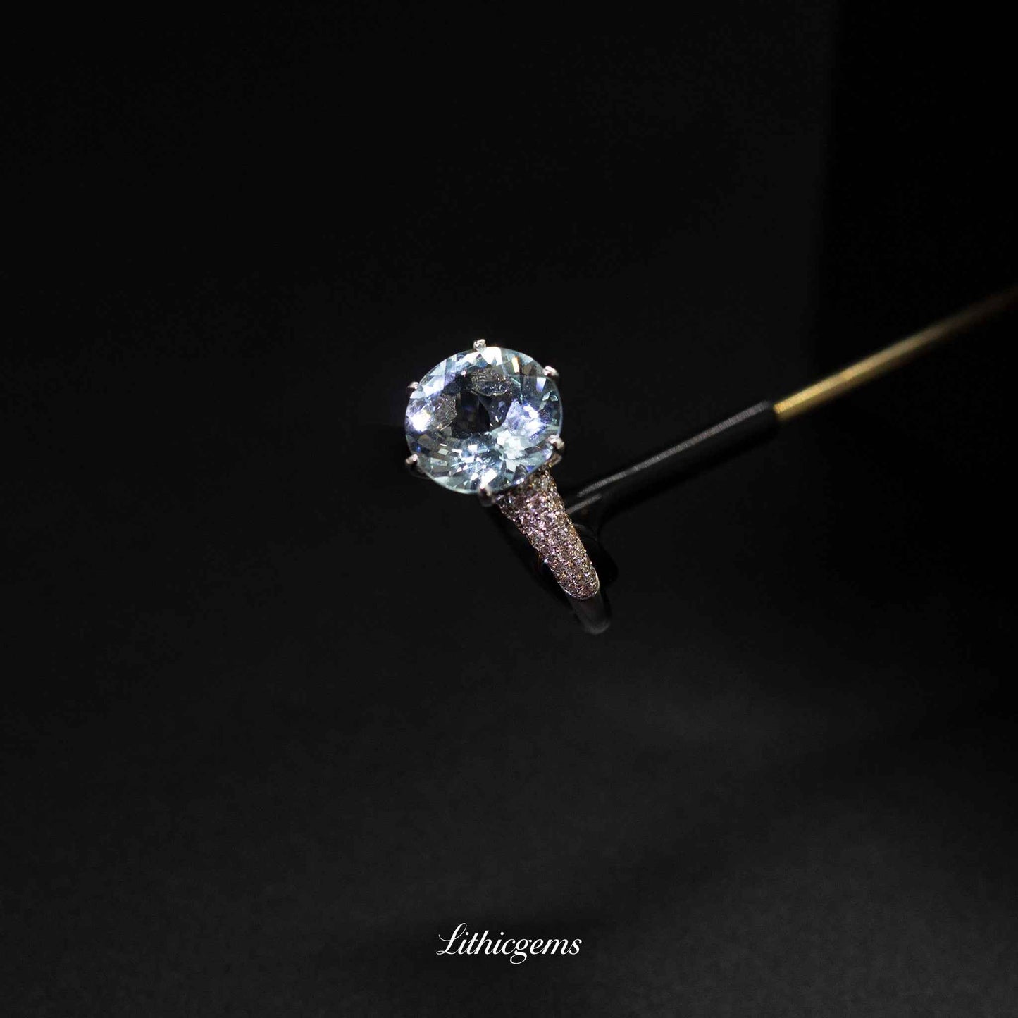 18K Gold Round Aquamarine & Diamond Ring with Lab Report - Certified March Birthstone - Lithicgems