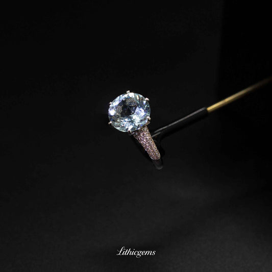 18K Gold Round Aquamarine & Diamond Ring with Lab Report - Certified March Birthstone - Lithicgems