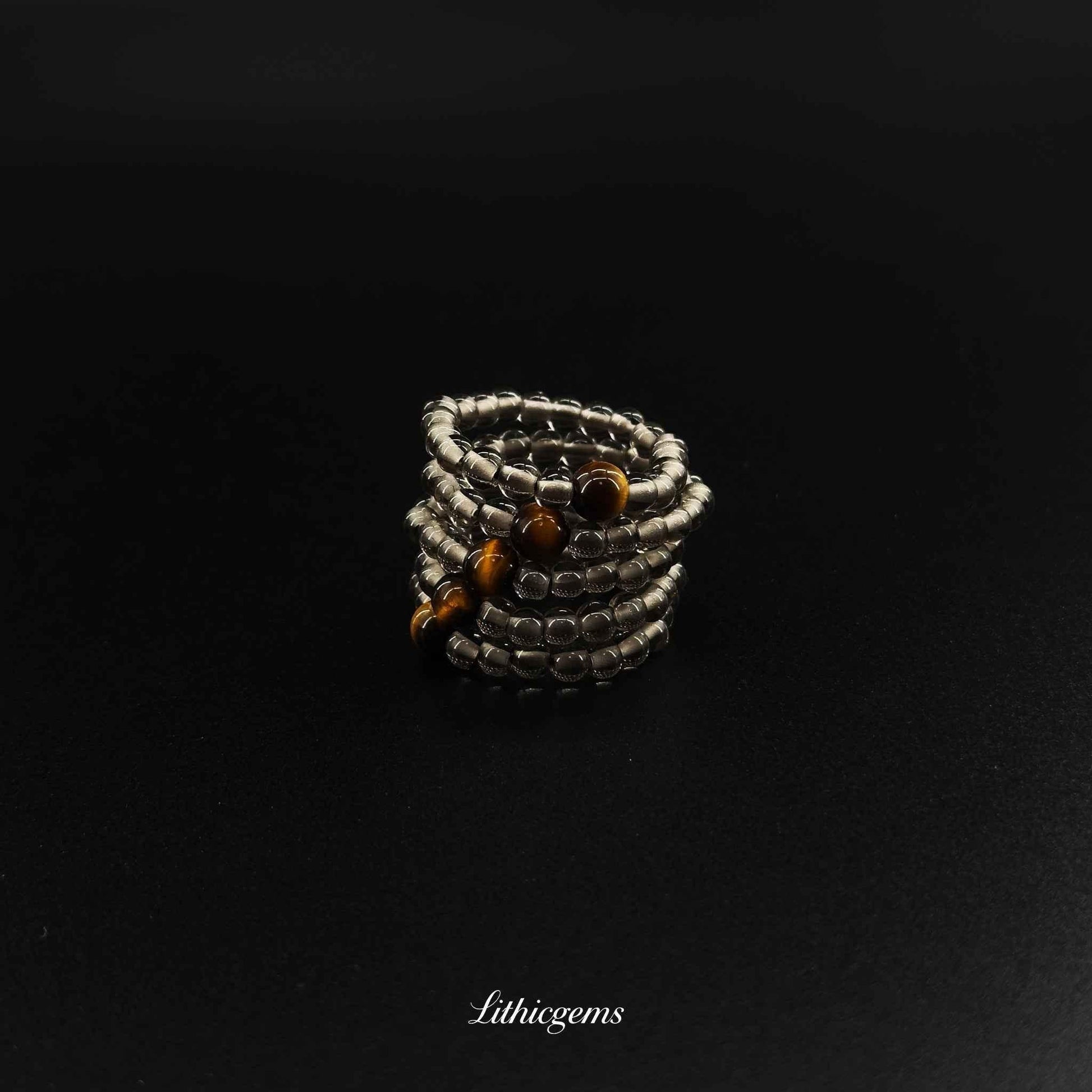 Tiger's Eye & Ice Obsidian Stackable Ring - Solar Plexus & Crown Chakra Balance for Daily Power - Lithicgems