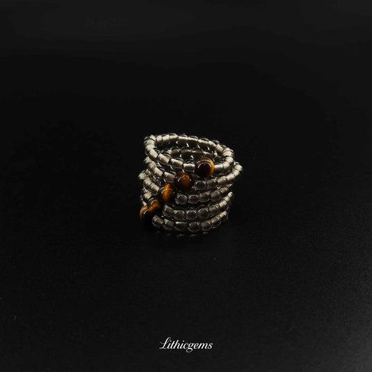 Tiger's Eye & Ice Obsidian Stackable Ring - Solar Plexus & Crown Chakra Balance for Daily Power - Lithicgems