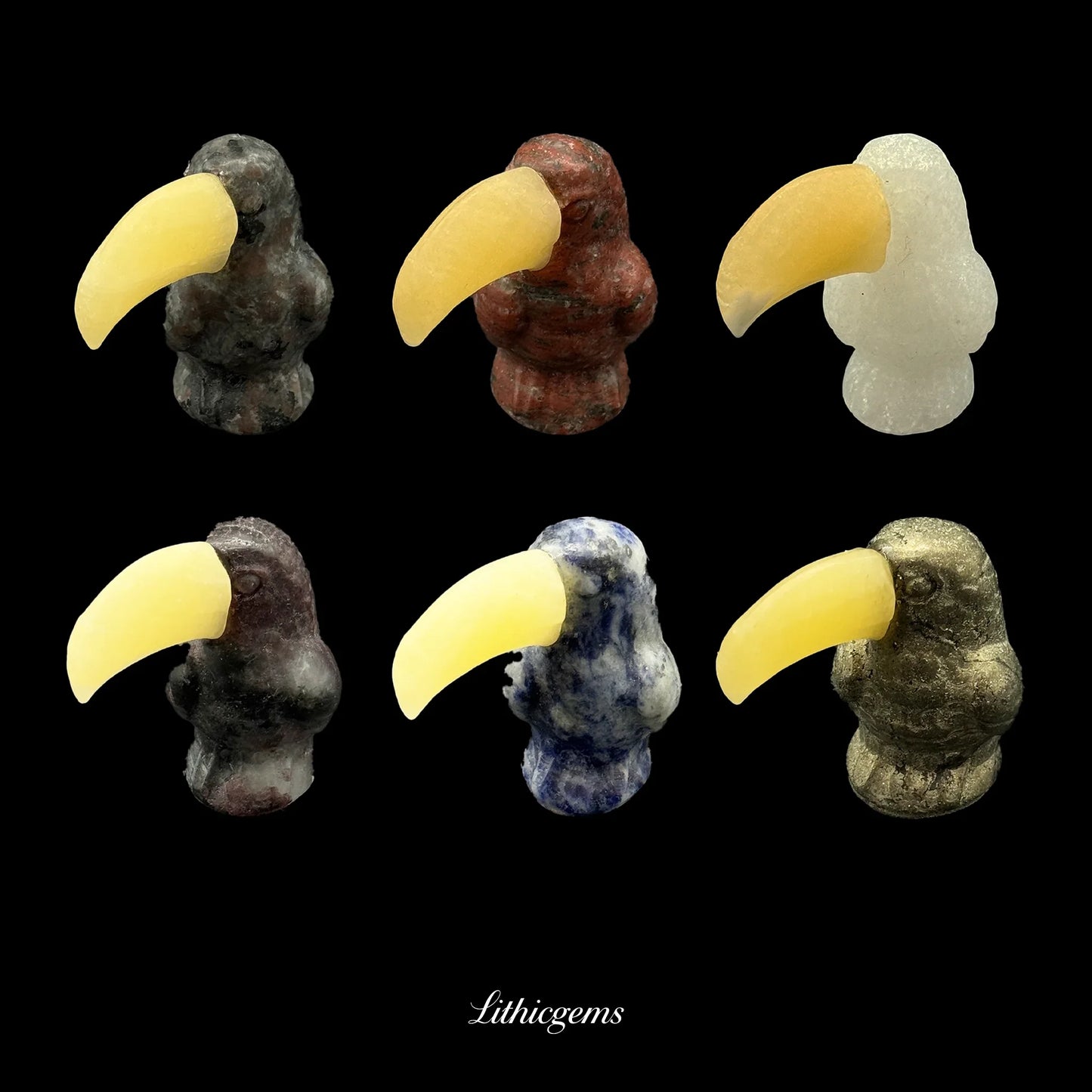 Six carved gemstone toucans with yellow crystal beaks on black background, Lithicgems
