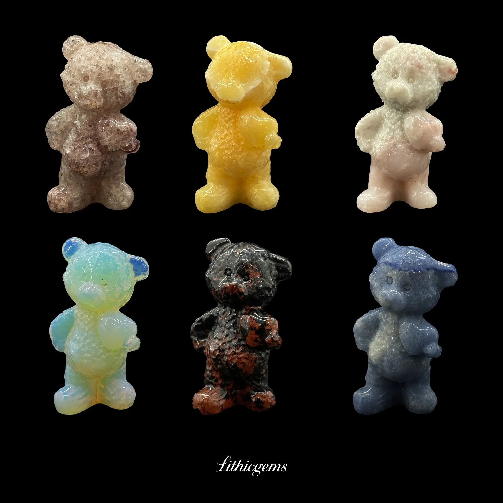 Six assorted natural crystal gemstone bear figurines on black background, Lithicgems boutique