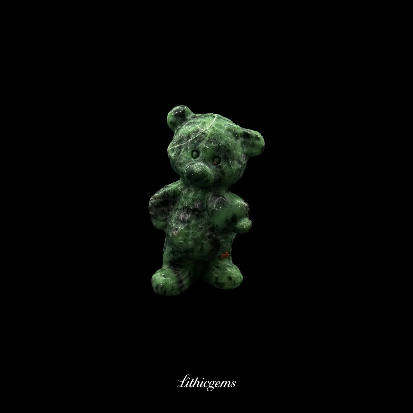 Green gemstone bear figurine on black background, Lithicgems crystal boutique